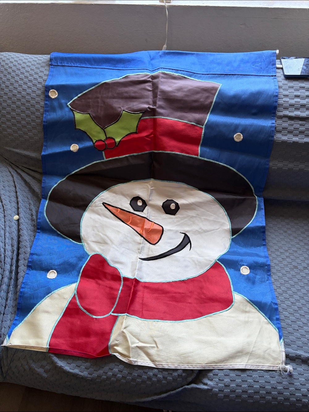 Festive Snowman Garden Flag - Blue, White, Red